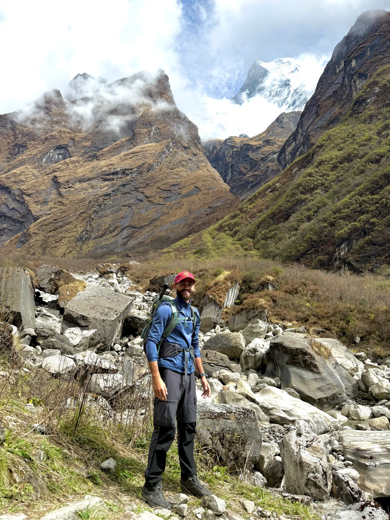 Nepal — trekking the valley toward Annapurna's snow peaks